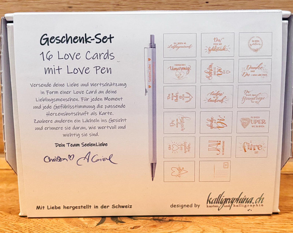 Geschenk-Set „Love Cards“ mit Love Pen – 16 Herzensbotschaften zum Verschenken