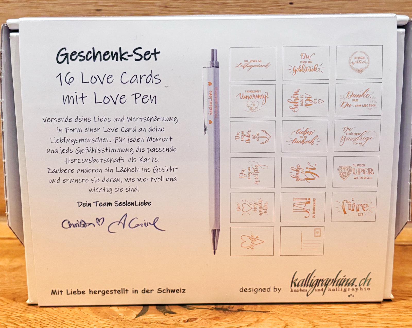 Geschenk-Set „Love Cards“ mit Love Pen – 16 Herzensbotschaften zum Verschenken