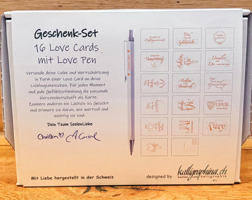 Geschenk-Set „Love Cards“ mit Love Pen – 16 Herzensbotschaften zum Verschenken