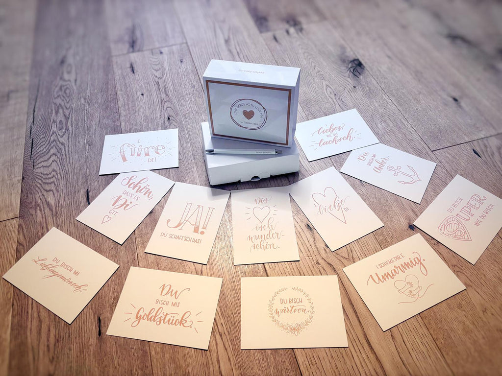 Geschenk-Set „Love Cards“ mit Love Pen – 16 Herzensbotschaften zum Verschenken